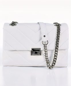 White Italian leather shoulder bag with chevron quilted pattern and chain strap - Bellissima model by Morasii حقيبة كتف جلد إيطالي أبيض بتصميم مبطن وسلسلة معدنية - موديل بيليسيما من موراسي