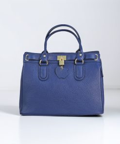 Metro Blue Italian leather tote bag with gold lock charm and zipper closure - Novella model by Morasii