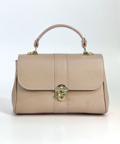 Salmon pink Italian leather top handle bag with vertical strip design and gold turn-lock - Palladia model by Morasii