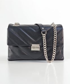 Black Italian leather shoulder bag with chevron quilted pattern and silver chain strap - Bellissima model by Morasii حقيبة كتف جلد إيطالي أسود بتصميم مبطن وسلسلة فضية - موديل بيليسيما من موراسي