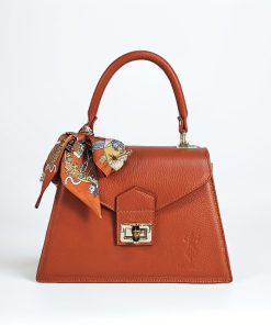 Diamanta Orange Structured Bag with Scarf - Italian Leather