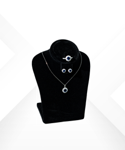 925 Sterling Silver jewelry set with round sapphire blue zirconium stones and halo design including necklace earrings and ring - Diamanta collection by Morasii